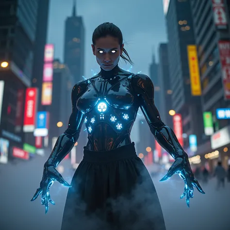 A cybernetic warrior stands in a dystopian metropolis, bathed in the eerie glow of neon lights that dance across the darkened skyscrapers. His body is a testament to human ingenuity and technological advancement, a fusion of flesh and steel that pulsates w...