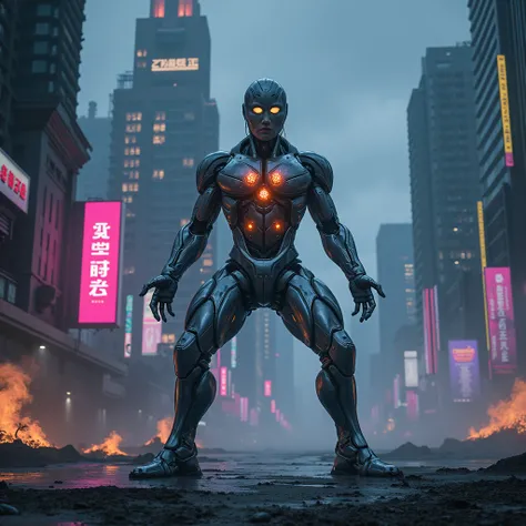 A cybernetic warrior stands in a dystopian metropolis, bathed in the eerie glow of neon lights that dance across the darkened skyscrapers. His body is a testament to human ingenuity and technological advancement, a fusion of flesh and steel that pulsates w...