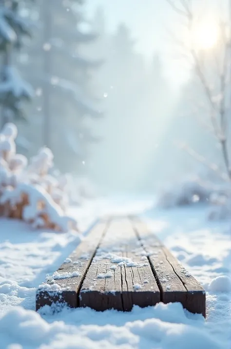 Winter background with snow and wood board for Instagram story 