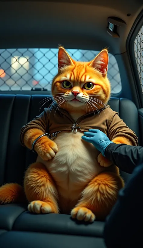 A large orange anthropomorphic cat sitting in the backseat of a police car, looking guilty and slightly embarrassed. The cat is wearing a brown, wrinkled shirt and has handcuffs on its front paws. A police officer, wearing gloves, is securing the cats paws...