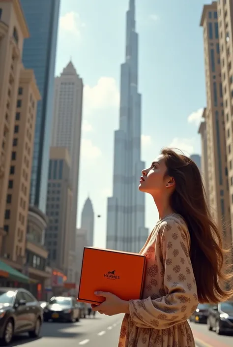 A girl with brown hair stands in front of Burj Khalifa overlooking Dubai with a Hermes package in her hands