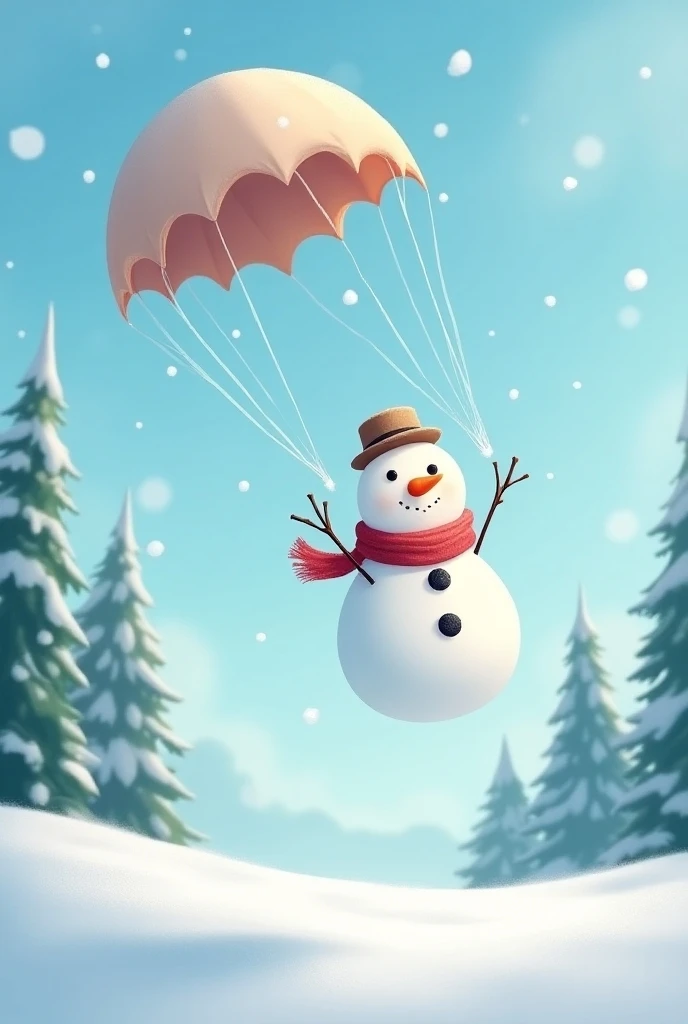 Snowman falling in a parachute 
