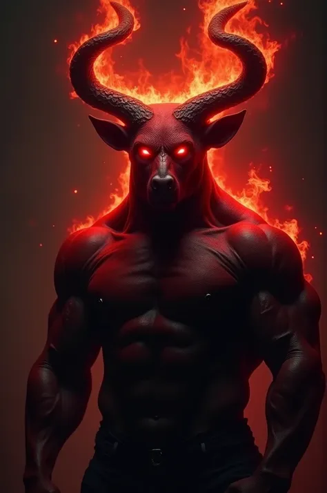 Shining eyes like flames, Bulky body, Horns, Red and black body in the dark background no hairs normal ears