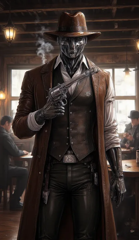 painting in anime style, sci-fi wild west, android cowboy, profile shot, metalic mat head and body, wearing cowboy hat, shirt, vest and long leather brown coat, dirty clothes, he holds a revolver up and close to his face, wild west, wild west style restaur...