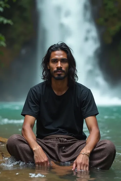 1 Muslim man, clean face, slightly fat, long straight hair, facing face camera, his face is clearly visible, black t-shirt and wearing a sarong typical of Indonesian Javanese Muslims, sitting on a rock, in the river, his legs stretched out into the clear f...