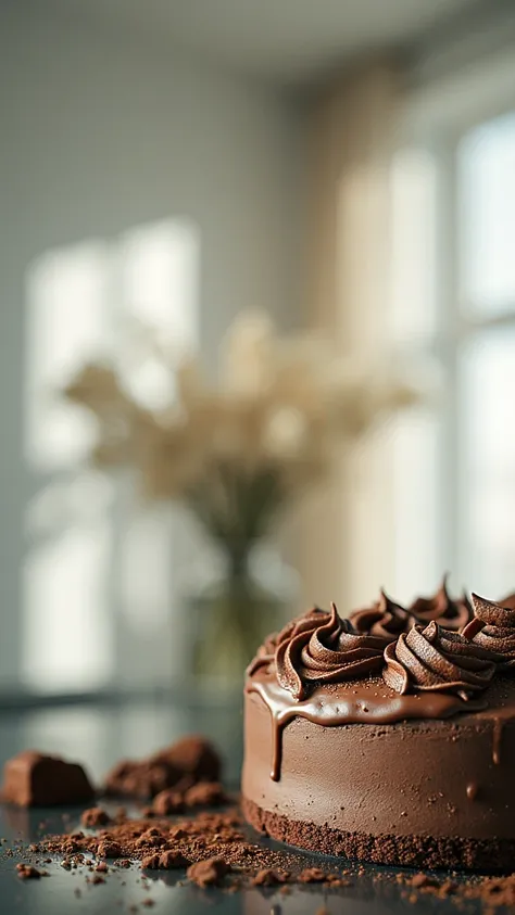 Chocolate movie scene, chocolate cake, dark background, high quality photo, wet texture, frosting, studio photo, slide, shallow depth of field, vignette, high detail, big budget, bokeh, cinematic, moody, epic, gorgeous, film grain, grainy