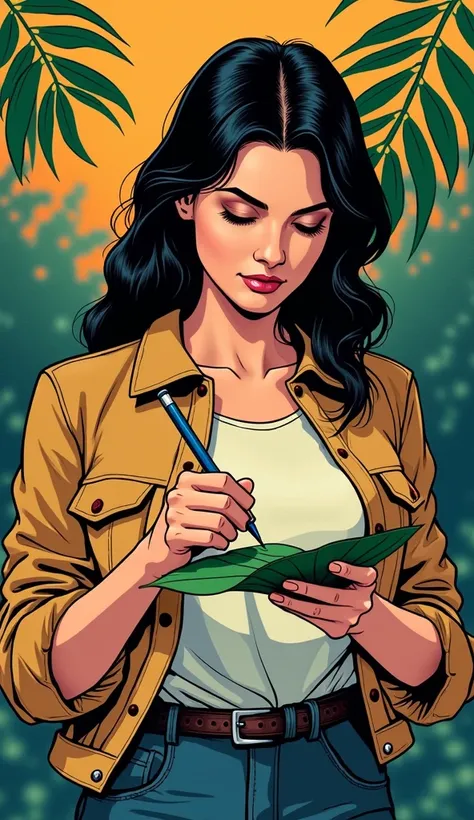 DISCREET image. image adult woman, american, comic book style. writing on a bay leaf. IMAGES WITH VIBRANT COLORS. with discreet casual clothes