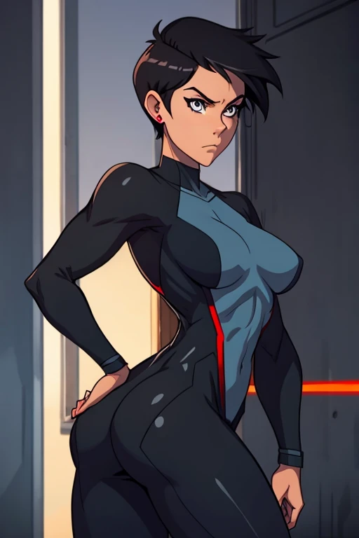 Lois Lane as black widow, small breast, big ass, perfect female anatomy, very short black hair, grey eyes, standing