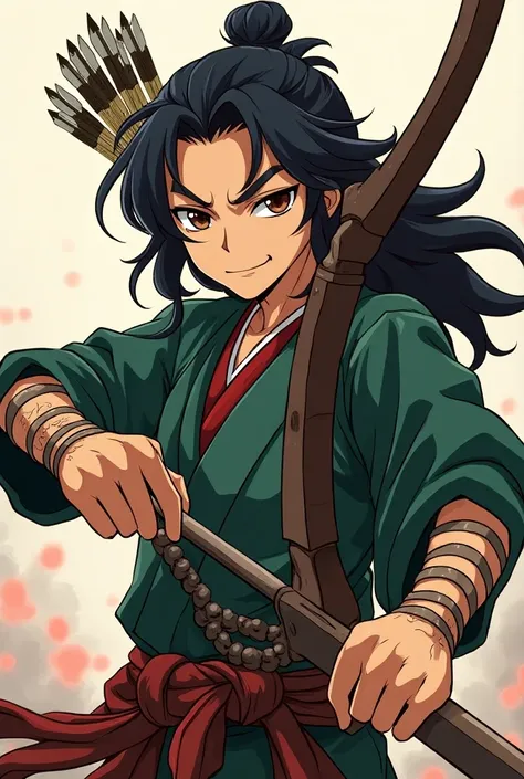 a cartoon image of a man with a bow and arrows,  a tribal anime boy with long hair ,  handsome face in demon slayer art , Otaku from Ganga,  anime character ; full body art, 2d anime style, anime afrofuturismo, Handsome Japanese demon boy , detailed  anime...