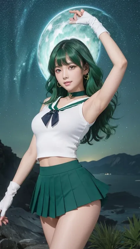 Product quality、***1 person、((6.5 heads))、 cowboy shots、((Timo Highlights ))、((( Young and Beautiful Japanese Woman )))、((( Very Beautiful Starry Sky Background :1.3)))、with chest and knees 、smile、(( Green Sailor Warrior Uniform ))、 Sailor Neptune、ribbon、 ...