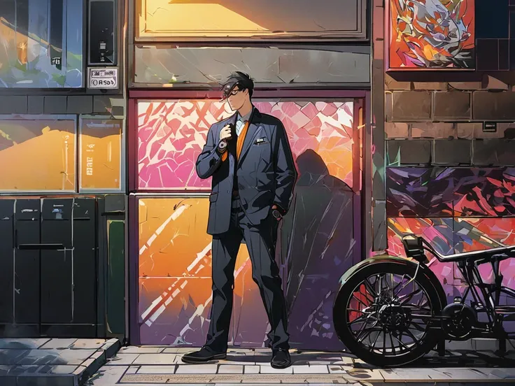 
Here’s a clearer and more detailed description in English:

A dynamic illustration showing Max, a young man with a hurried expression, standing at the doorstep of his house early in the morning. He wears casual office attire, holding a sleek black motorcy...