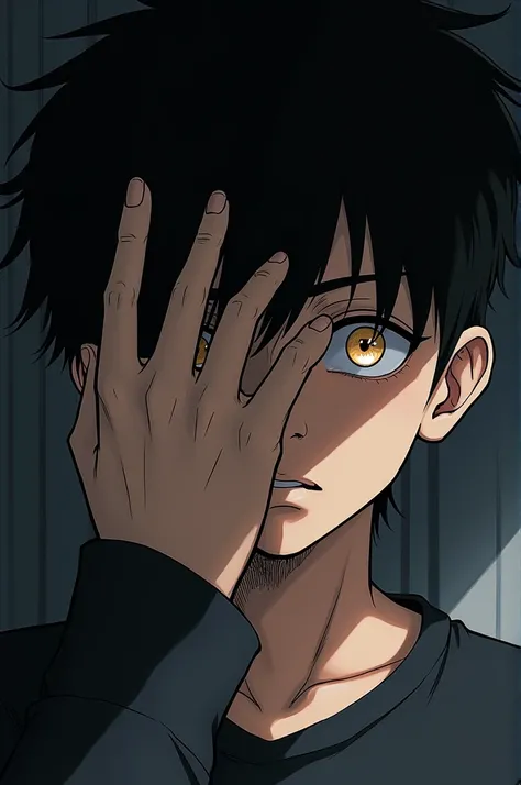 Manhwa type 
A black-haired boy covering half of his face with his hand and eyes showing horror 