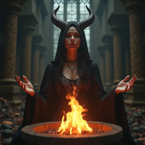 A female Gothic priestess performing a ritual with her hands raised and her gaze turned upwards, in front of her a fire inside the magic circle from which a male giant demon with an evil appearance emerges,Masterpiece, High Resolution, Accurate, Anatomical...