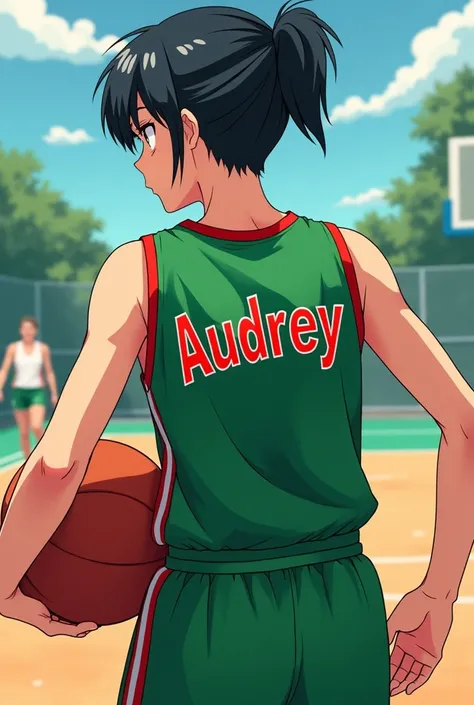 Typographie nom "audrey "en roge sur le maillot de basket vert dun personnage mangas 