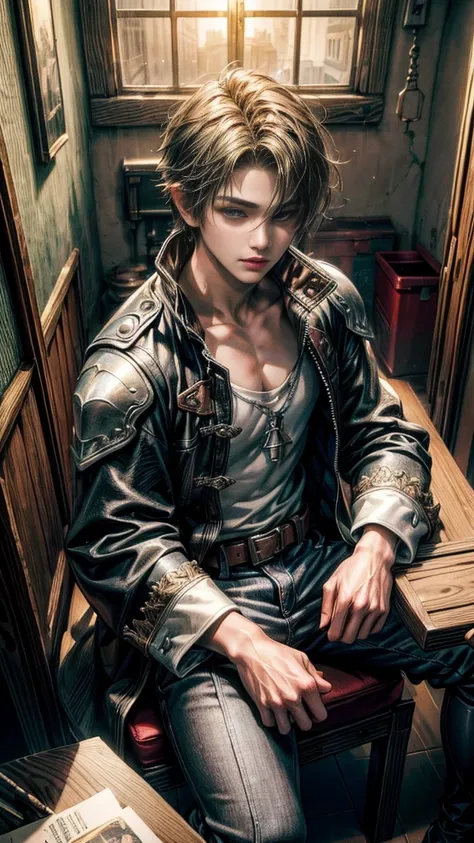 (absurdres, highres, ultra detailed, HDR), masterpiece, intricate, best quality, portrait of a teenage boy hero from Final Fantasy IX, short hair, korean face, anime eyes, winter outfit detailed interiors slums, detailed character