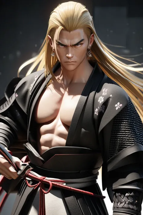  3D rendering , Blonde hair,  Long hair ,  White eyes, Serious, muscular, Japanese samurai ,Securing a sickle ,  an earring on the right ear made of diamonds , man, asas negras a roupa de Japanese samurai  brancas. masterpiece ,  tall details, 