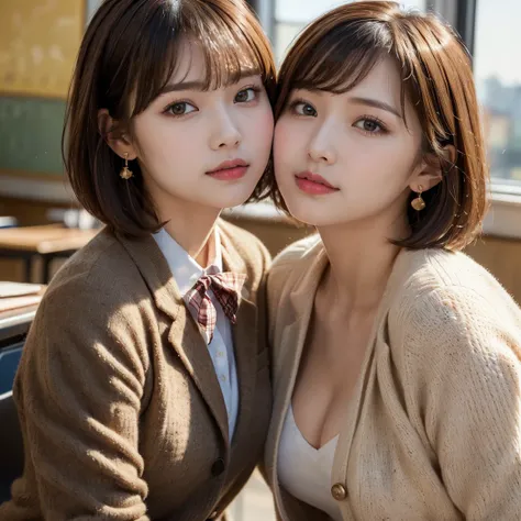 (Two beautiful and cute high school girls in a school uniform is sitting in a chair in a high school classroom during lunch break:1.1), 
break 
(She is wearing a  brown blazer and a Checkered pleats skirt as her uniform, with a  red ribbon accent around he...