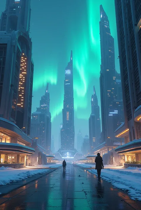 Futuristic arctic cities with modern architecture seen in first-person perspective with Northern Lights adorning the night sky and modern buildings in the distant future