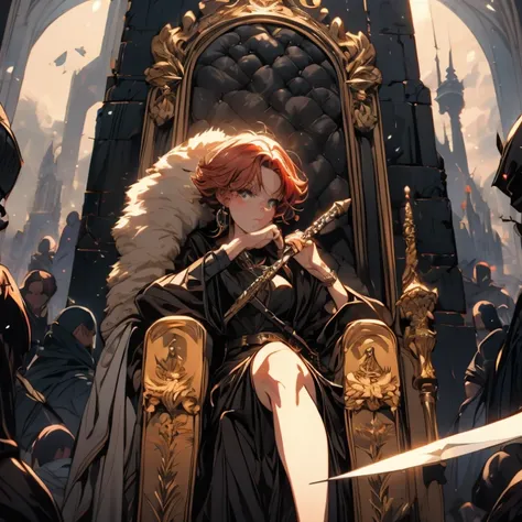  a short red-haired girl ,Black Scythe ,black corona,  session, legs, crusades, throne,  looking down , from below, looking at the viewer, outdoors,  masterpiece,  Best quality ,  very aesthetic ,  
details on the face , the best quality