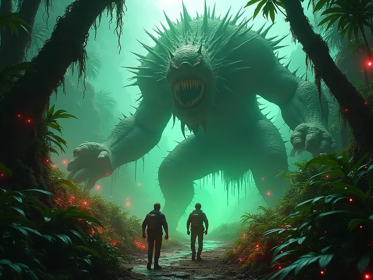 A colossal plant monster, with massive, thorn-covered vines, rises menacingly from the ground. The scene is filled with dynamic motion as vines thrash around. Bright luminescent greens and reds illuminate the area, with eerie shadows dancing across the jun...