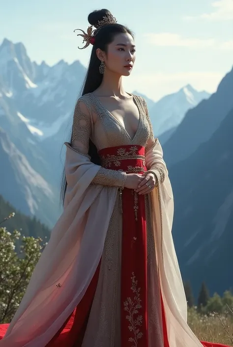  created a picture of the Chinese queen standing in front of the Rocky Mountains  .   Shes wearing traditional Chinese clothes 、 There is a deep V-shaped cut at the top that shows cleavage . Wide-angle photo of the queens entire body  .  Next to her is a C...