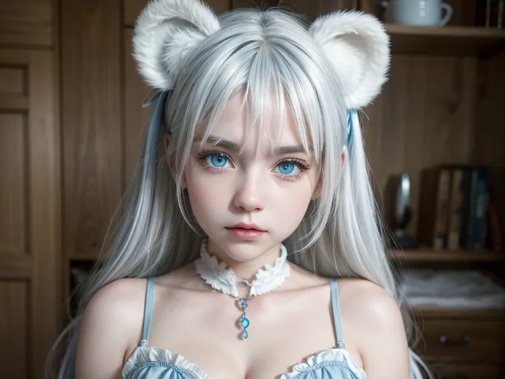 Detailed face of girl with bear ears( white hair )( blue eyes )(light blue eyes),neckline,super big breasts,corset blanco, small waist 50 cm