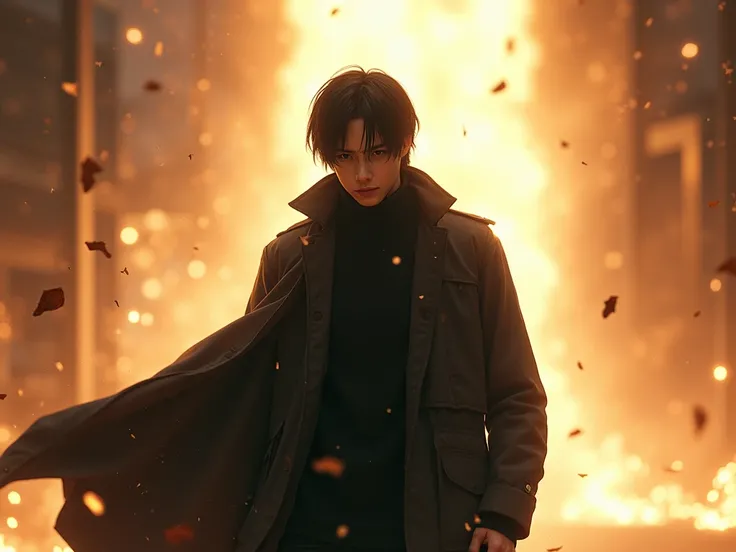 vertical general shot of a human boy over 20 years old with smooth black hair up to his neck with his long black jacket with a flashing background of a world disappearing in a flash. 