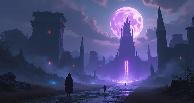 A video game landscape wallpaper with dark purple beings in a world filled with abandoned ruins and a full moon, blue and red energy