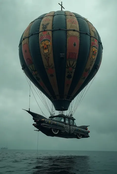  spteampunk balloon in the shape of a black cadilac made of old wood with Day of the Dead paintings in the style of a pirate ship
Gloomy weather . Black boat 