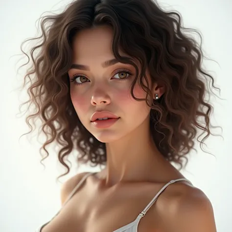 portrait of sexy attractive young light skin, facing camera, curly brown hair, luscious big lips, button nose, entire face and hair, white background, 25 years old, brown color eyes, perfect skin,studio lighting, photorealistic, 4K, big boobs, smal tits