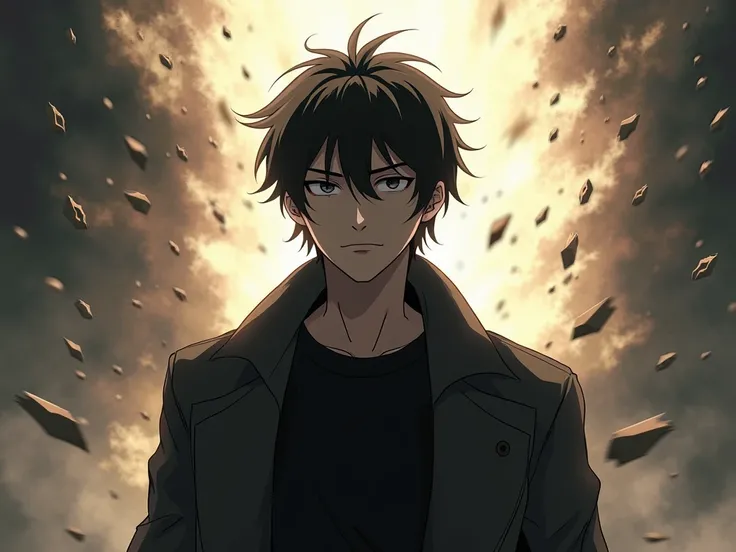 vertical general shot of a human boy over 20 years old with black hair ironed up to his neck with his long black jacket with a flashing background of a world disappearing in a flash. 