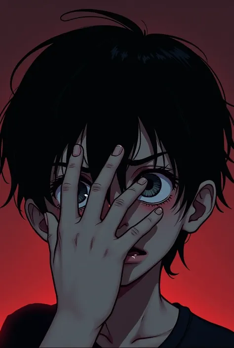  Manhwa type 
Gradient black and vinotinto background 
A black-haired boy covering half of his face, And it shows fear and horror 