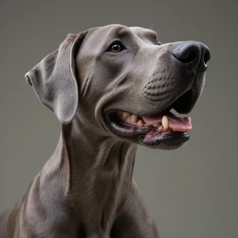 a realistic male Great Dane dog measuring 111.8 cm completely gray, with a happy expression and a wide smile