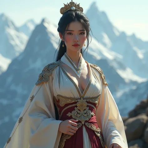  created a picture of the Chinese queen standing in front of the Rocky Mountains  .   Shes wearing traditional Chinese clothes 、 There is a deep V-shaped cut at the top that shows cleavage . Wide-angle photo of the queens entire body  .  Next to her is a C...