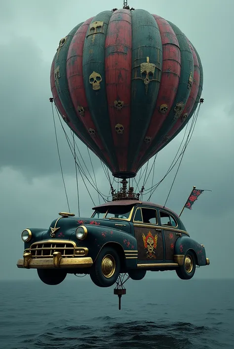  spteampunk balloon in the shape of a black cadilac made of old wood with Day of the Dead paintings in the style of a pirate ship
Gloomy weather . Black boat 