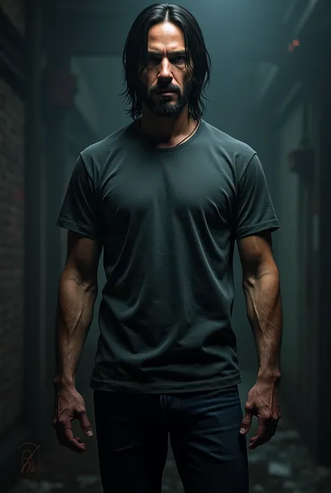 John wick with dark gray t-shirt and dark blue jeans