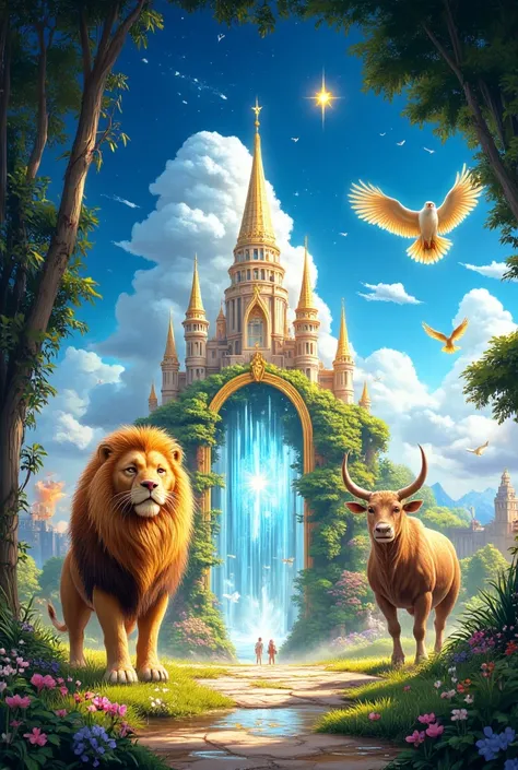 Stunning hyper-realistic artwork, under the blue sky there is a golden magical fairy tale futuristic city with a transparent gate and a bright star. Theres a garden in the city, all herbs and flowers. There are animals of unprecedented beauty. One is yello...