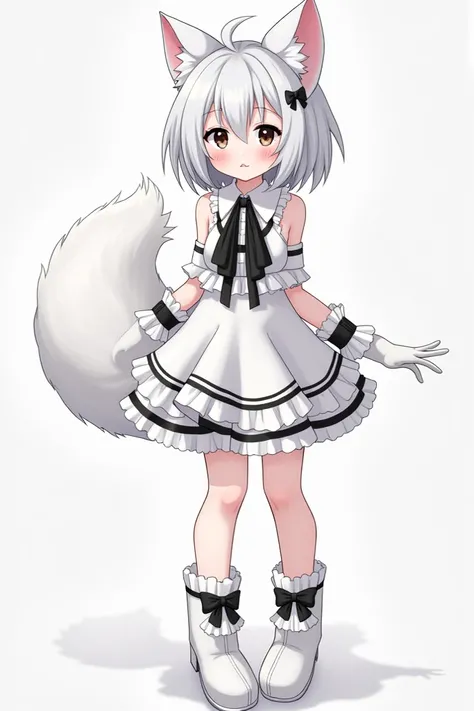 A beautiful pale girl with short but messy white hair , black eyes with an anime smile and their cheeks flushed,  white cat ears , Of accessories some black lenses, a white sleeveless panti blouse with black stripes on the waist ,  a mini skirt on the side...