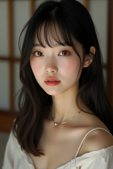 Girl in an Asian apartment ,  with white skin , Straight hair to the shoulders,  bangs covering her entire forehead ,  pretty eyes torn brown ,  outlined on the eyes, pronounced cheekbones,  marked jaw,  big pink cheeks ,  small lips wide and a little red,...