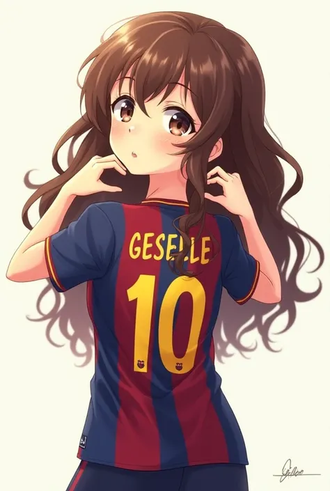  A girl wearing the Barcelona Fc shirt with the number 10 and the name Geselle, long brown curly hair ,  skin color Intermediate and on the back giving a heart with your hands anime style