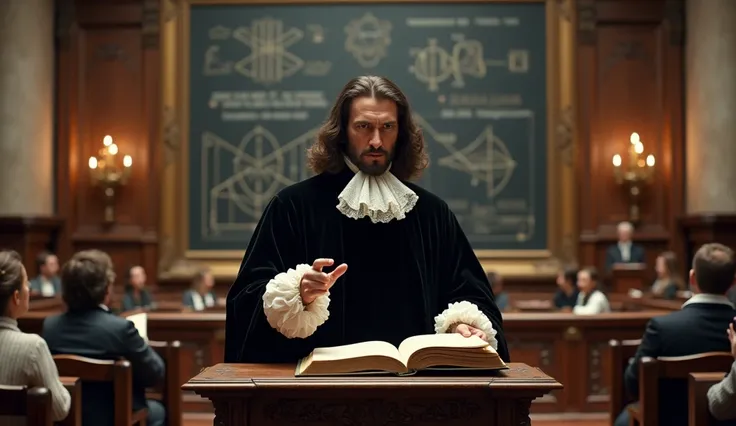 A hyperrealistic depiction of René Descartes delivering a lecture in a prestigious 17th-century European university hall, exuding intellectual gravitas and scholarly refinement. Descartes, in his mid-40s, stands at the center of the scene behind an ornatel...