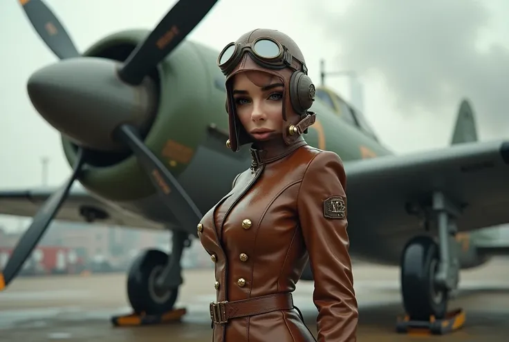 Elegant female pilot in fitted leather flight suit with high collar decorated with brass buttons, leather helmet with goggles, knee high boots, stands near huge propeller plane, industrial city in background, heavy clouds of smoke, Dieselpunk, смотрит в ка...