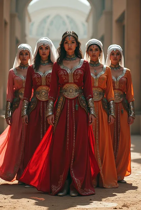 A team of three men and two women Power Rangers, the women wearing Beledi Dresses, headbands, sword belts on their waists, and heels with see through matching face veils. The men wearing Pantaloons and headbands with chest jewelry, sword belt on their wais...