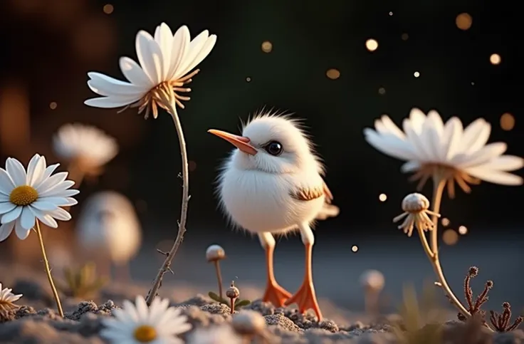  A mesmerizing close-up portrait of a beautiful little bird illuminated by the soft golden light of a quiet morning, with vibrant bokeh balls gently framing its delicate shape.