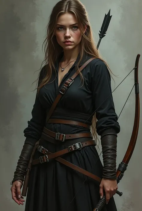 "A light-brown-haired light-eyed girl must be Argentinian white skinned black clothes and a bow and arrow in her hand and a knife hanging from her clothes."