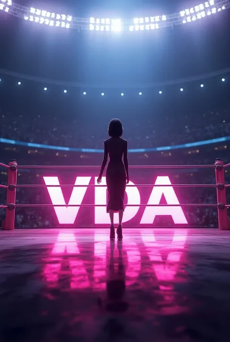 anime, Empty wrestling ring, with the print of  "VDA "  pink color ,  a commentators table, Big stadium, beautiful woman with short black hair executive dress in the ring.