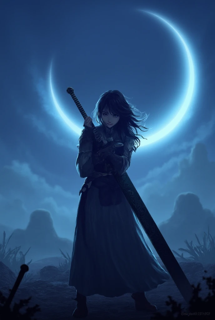 Swordsman girl with her big sword, loose hair,  with the moon in the background