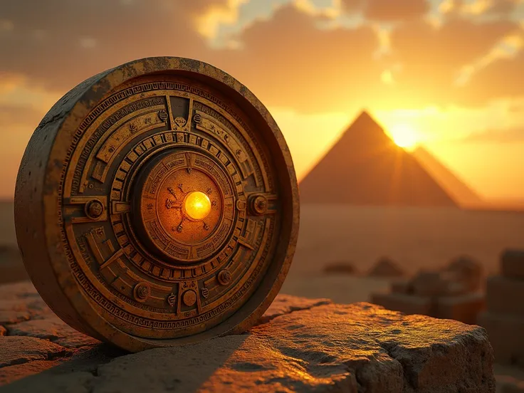  A composition that combines the pyramids of Egypt illuminated by the setting sun with the Antikythera Mechanism placed in the foreground. The machine emits a mysterious glow ,  while golden gears and astronomical symbols slowly rotate ,  connecting both w...