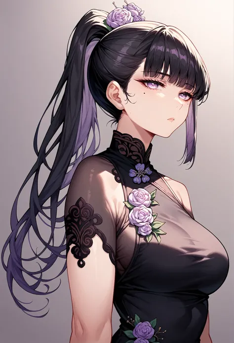 mixed_artwork style, (detailed eyes), (Mature woman), beautiful woman, medium breasts, black hair, bangs on eye, Side bangs, ponytail, (black oriental dress), Lavender eyes, mole under eye, huge body, (expressionless gaze)