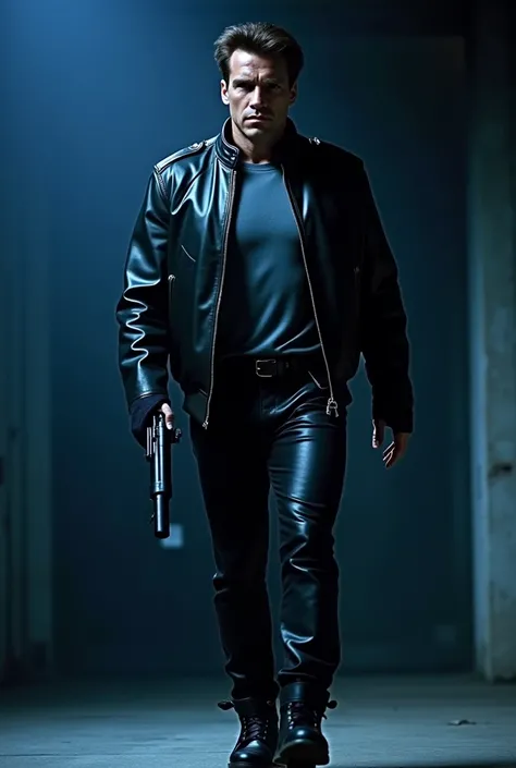 Arnold Schwarzenegger as terminator wearing leather jacket with grey tshirt and leather pant with black shoes and standing and holding shotgun with his hand in full body view in bluish night time.

Please take a reference from Terminator 2 : judgement day ...